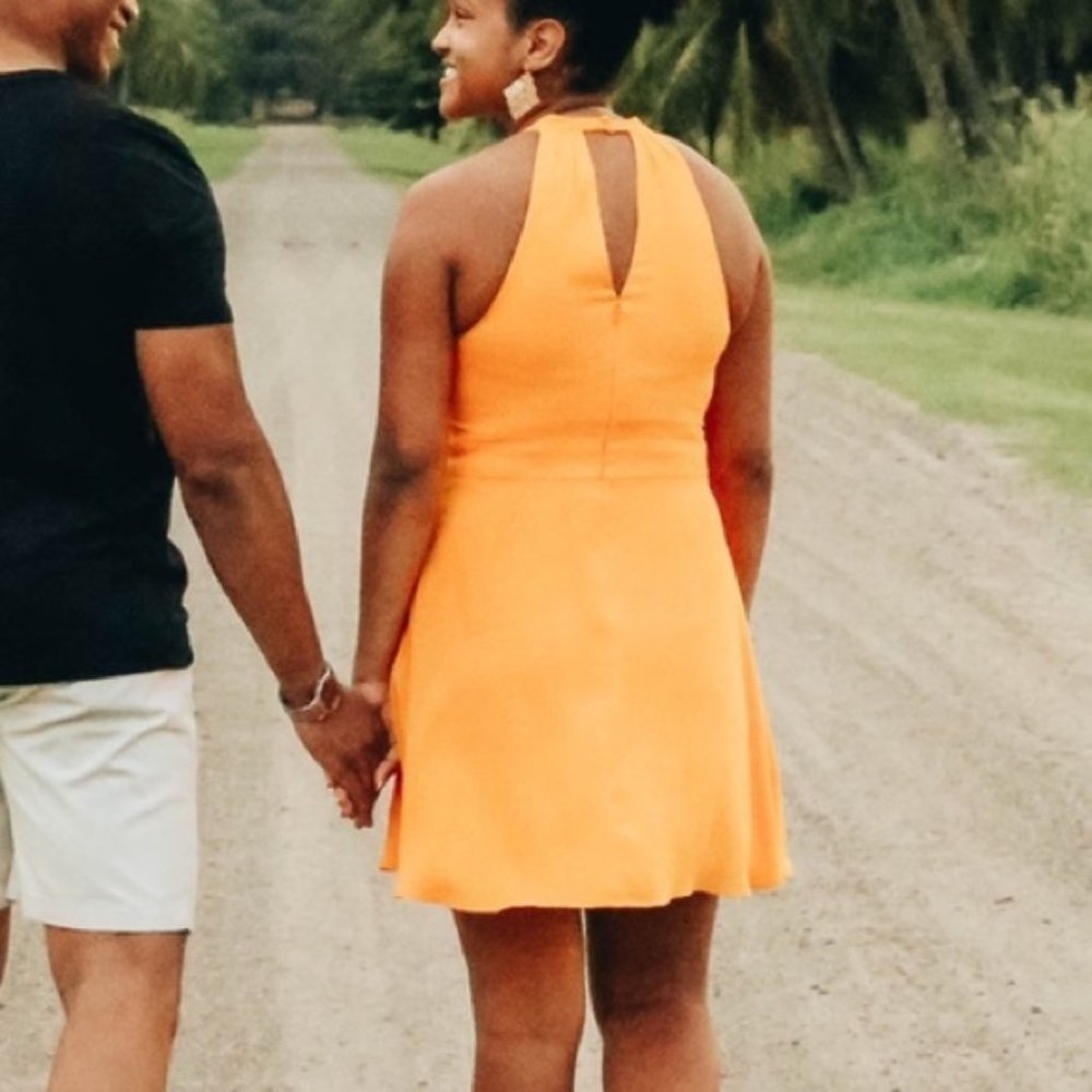 Express Yellow High-neck Flowing Fit & Flare Dress - Picture 2 of 7